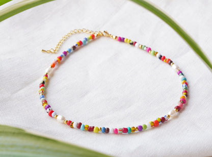Colorful beaded necklace | Multicolor seed bead choker | Cute mixed glass beads and freshwater pearls jewelry | Handmade boho gift for her