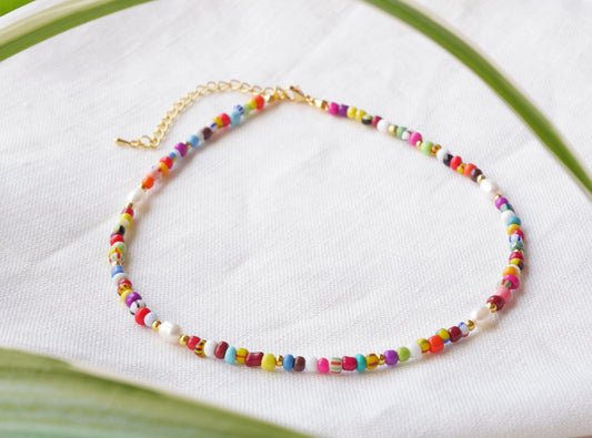 Colorful beaded necklace | Multicolor seed bead choker | Cute mixed glass beads and freshwater pearls jewelry | Handmade boho gift for her