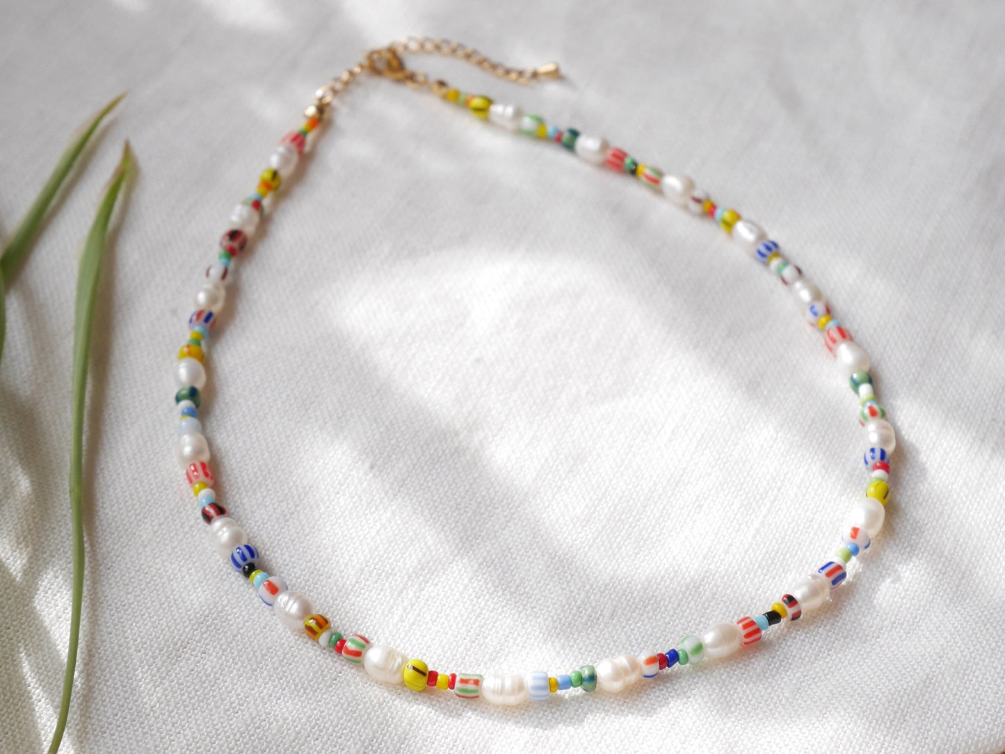 Freshwater pearl necklace with striped beads | Colorful beaded necklace | Mixed seed bead choker | Multicolor summer jewelry gift for her