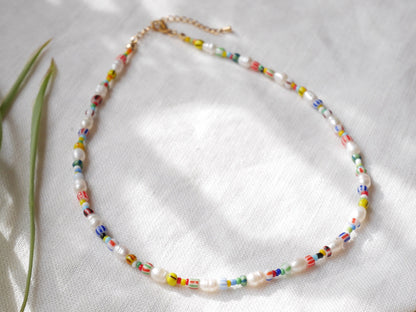 Freshwater pearl necklace with striped beads | Colorful beaded necklace | Mixed seed bead choker | Multicolor summer jewelry gift for her