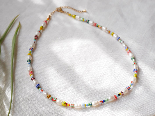 Freshwater pearl necklace with striped beads | Colorful beaded necklace | Mixed seed bead choker | Multicolor summer jewelry gift for her