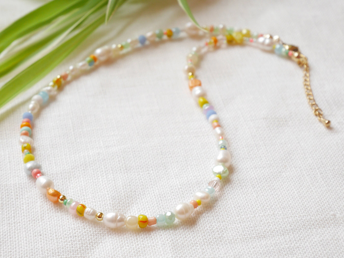Tropical beads necklace | Exotic colorful beaded choker with pastel color beads | Cute multicolor seed bead jewelry with freshwater pearls