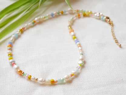 Tropical beads necklace | Exotic colorful beaded choker with pastel color beads | Cute multicolor seed bead jewelry with freshwater pearls