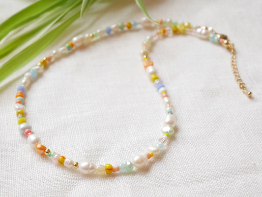Tropical beads necklace | Exotic colorful beaded choker with pastel color beads | Cute multicolor seed bead jewelry with freshwater pearls