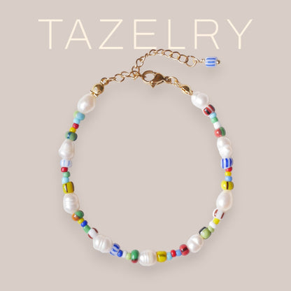 Freshwater pearl bracelet with striped beads | Stripe pattern seed bead jewelry | Adjustable colorful cute summer bracelet for her