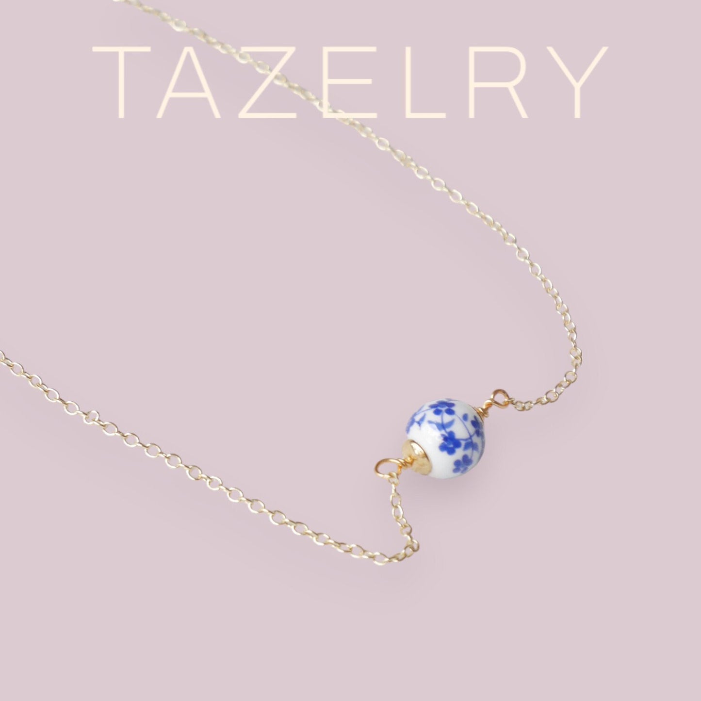 Blue porcelain chain necklace – dainty gold jewelry for everyday wear