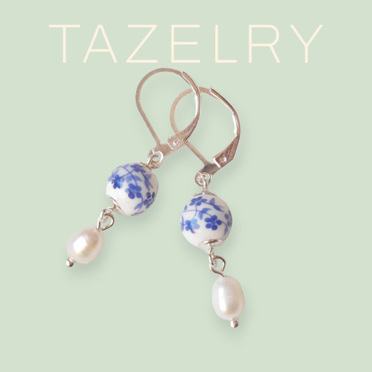 Blue porcelain pearl earrings | Dainty minimalist pearl earrings | Floral blue jewelry | Blue and white freshwater pearl drop earrings