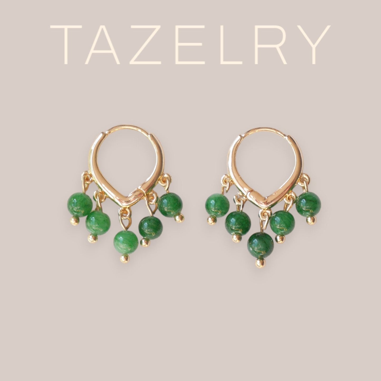 Green jade hoop earrings | Round green stone earrings | Dainty hoops with five natural stone beads | Minimalist cute unique jade jewelry