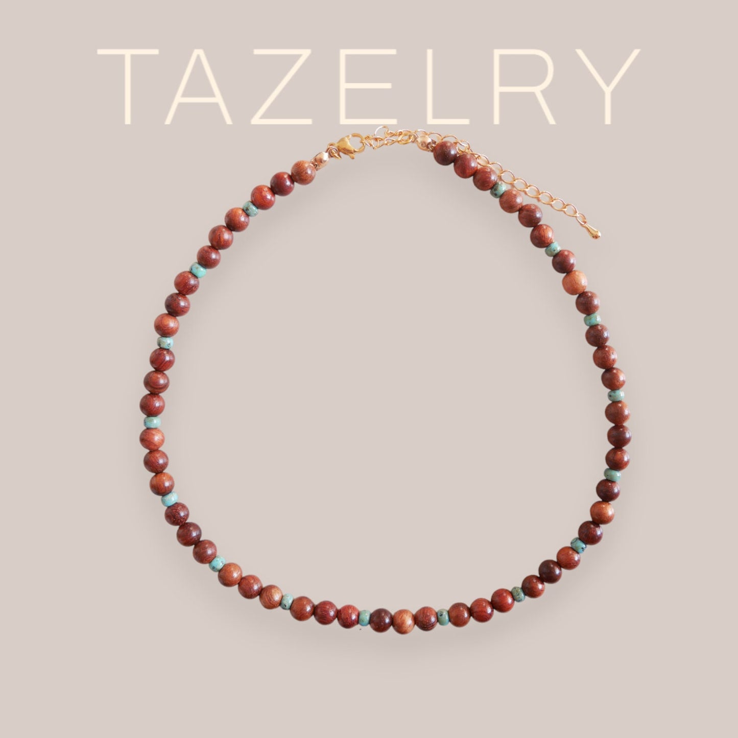 Wooden beaded necklace | Rosewood necklace | Wood beads and seafoam glass bead necklace for her | Wood bead gold necklace | Surfer necklace