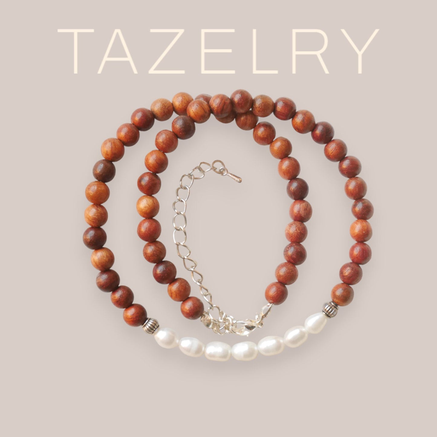 Wooden pearl necklace | Wood beads necklace | Country style beaded necklace with rosewood and freshwater pearls | Unisex country necklace