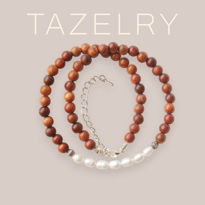 Wooden pearl necklace | Wood beads necklace | Country style beaded necklace with rosewood and freshwater pearls | Unisex country necklace