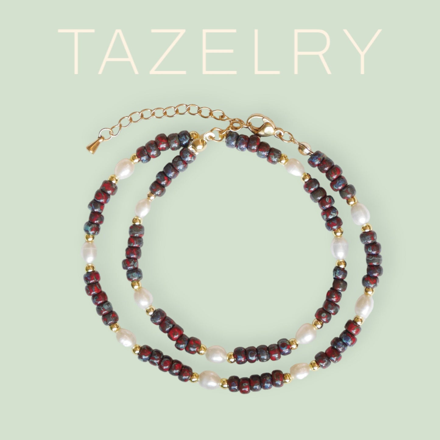 Red garnet beaded necklace | Cute freshwater pearl choker with dark red Miyuki Picasso glass beads | Dainty dark colors jewelry gift for her