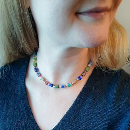 Colorful glass bead necklace | Multicolor choker with barrel shaped beads | Fun beaded oval glass tube necklace | Unique cute beaded jewelry