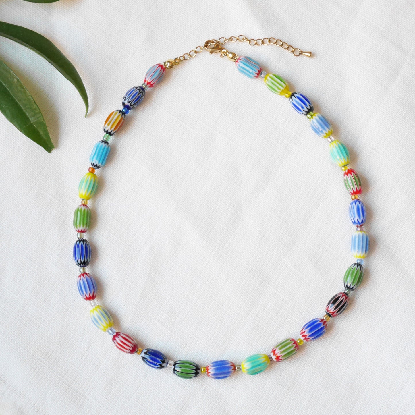 Colorful glass bead necklace | Multicolor choker with barrel shaped beads | Fun beaded oval glass tube necklace | Unique cute beaded jewelry