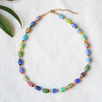Colorful glass bead necklace | Multicolor choker with barrel shaped beads | Fun beaded oval glass tube necklace | Unique cute beaded jewelry
