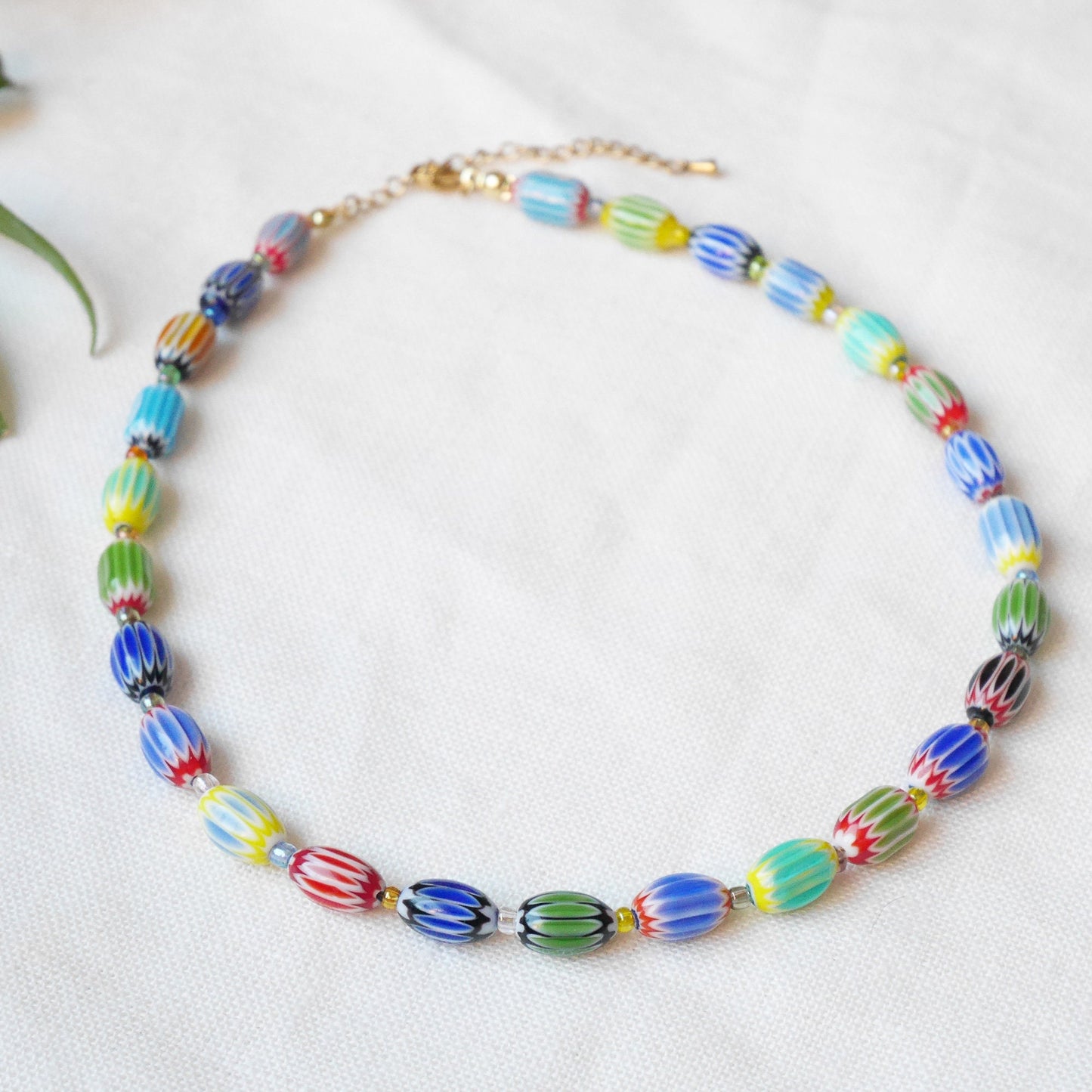Colorful glass bead necklace | Multicolor choker with barrel shaped beads | Fun beaded oval glass tube necklace | Unique cute beaded jewelry