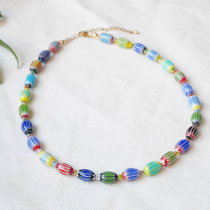 Colorful glass bead necklace | Multicolor choker with barrel shaped beads | Fun beaded oval glass tube necklace | Unique cute beaded jewelry