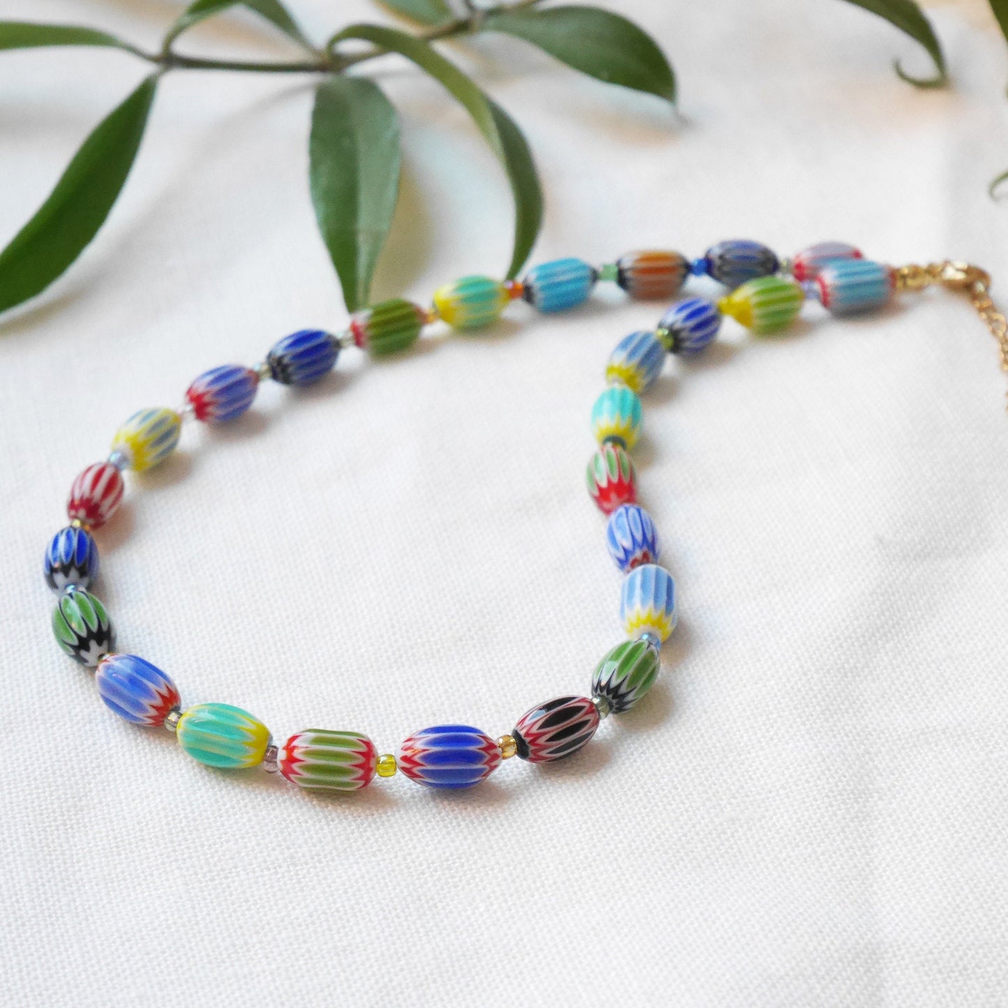 Colorful glass bead necklace | Multicolor choker with barrel shaped beads | Fun beaded oval glass tube necklace | Unique cute beaded jewelry