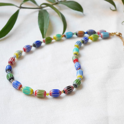 Colorful glass bead necklace | Multicolor choker with barrel shaped beads | Fun beaded oval glass tube necklace | Unique cute beaded jewelry