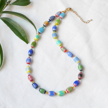 Colorful glass bead necklace | Multicolor choker with barrel shaped beads | Fun beaded oval glass tube necklace | Unique cute beaded jewelry