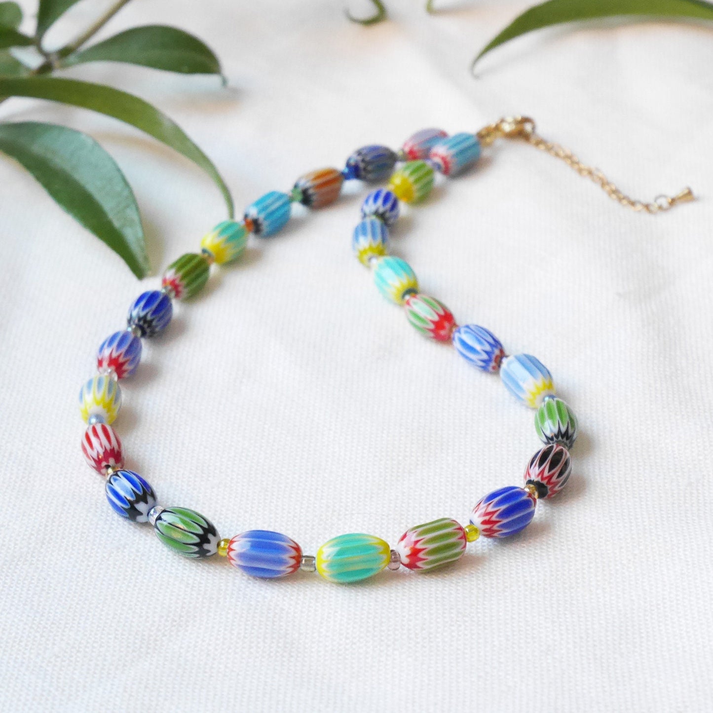 Colorful glass bead necklace | Multicolor choker with barrel shaped beads | Fun beaded oval glass tube necklace | Unique cute beaded jewelry