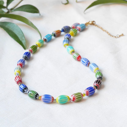 Colorful glass bead necklace | Multicolor choker with barrel shaped beads | Fun beaded oval glass tube necklace | Unique cute beaded jewelry