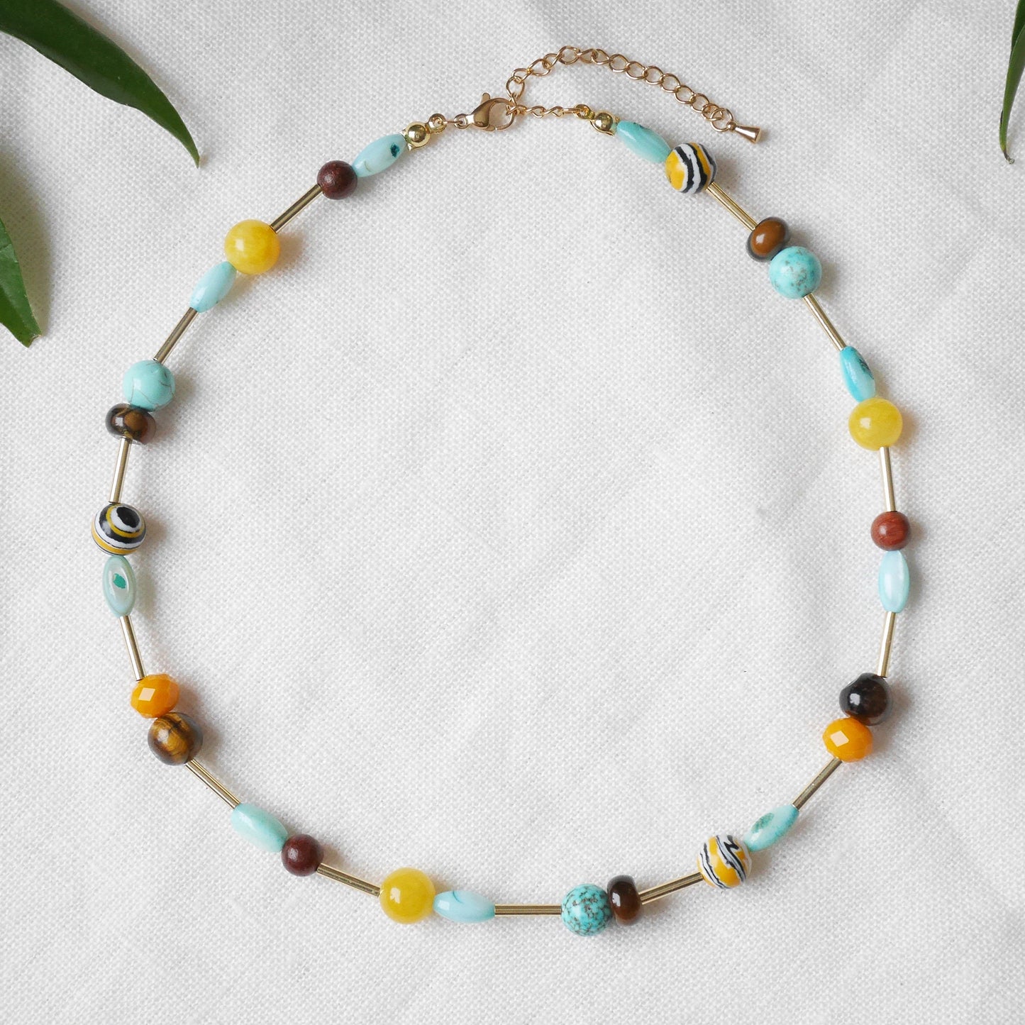 Turquoise and yellow beads necklace | Mixed colors beaded necklace | Multicolor gemstone choker | Happy cute handmade jewelry gift for woman