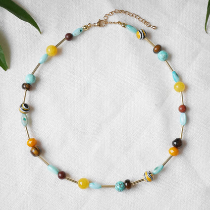 Turquoise and yellow beads necklace | Mixed colors beaded necklace | Multicolor gemstone choker | Happy cute handmade jewelry gift for woman