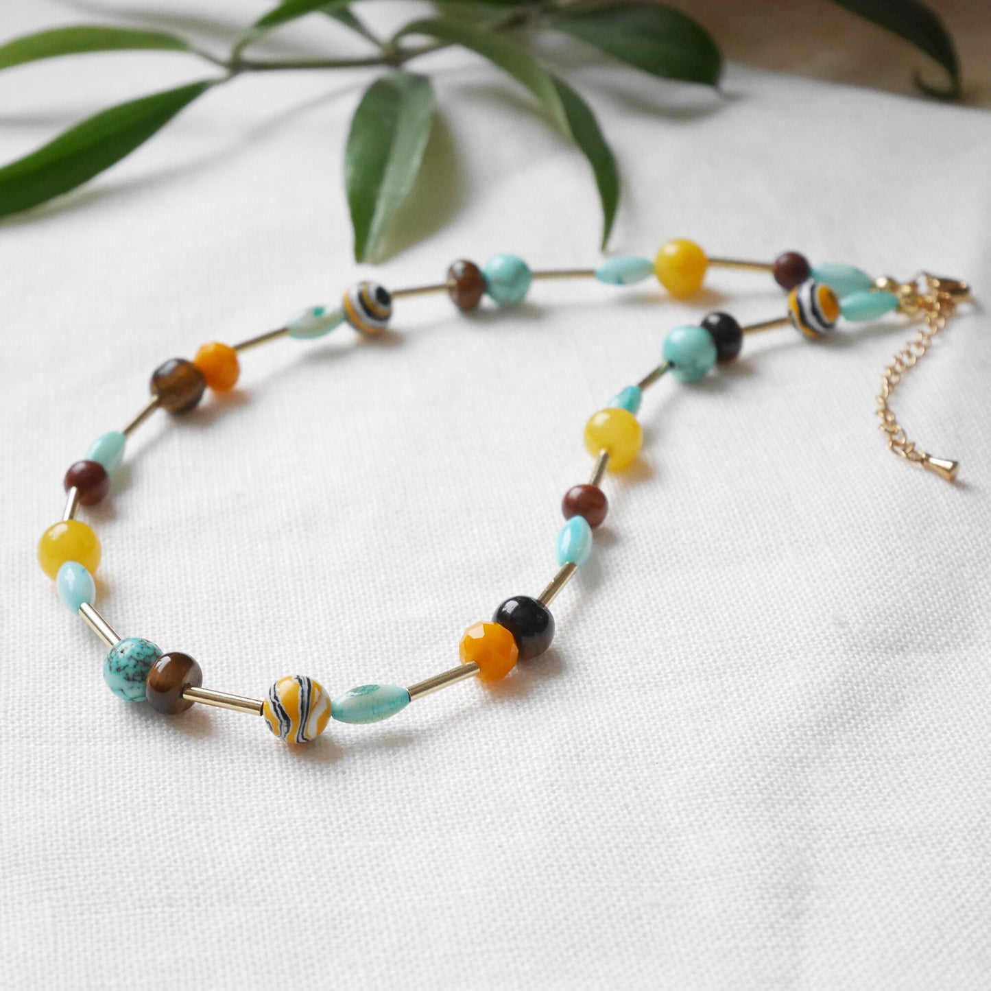 Turquoise and yellow beads necklace | Mixed colors beaded necklace | Multicolor gemstone choker | Happy cute handmade jewelry gift for woman