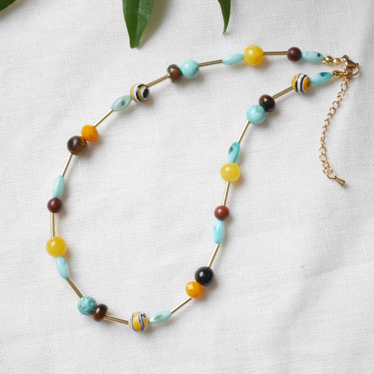 Turquoise and yellow beads necklace | Mixed colors beaded necklace | Multicolor gemstone choker | Happy cute handmade jewelry gift for woman