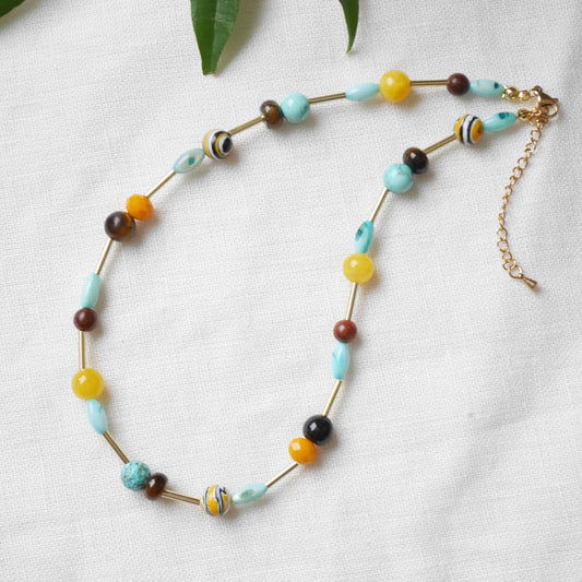 Turquoise and yellow beads necklace | Mixed colors beaded necklace | Multicolor gemstone choker | Happy cute handmade jewelry gift for woman