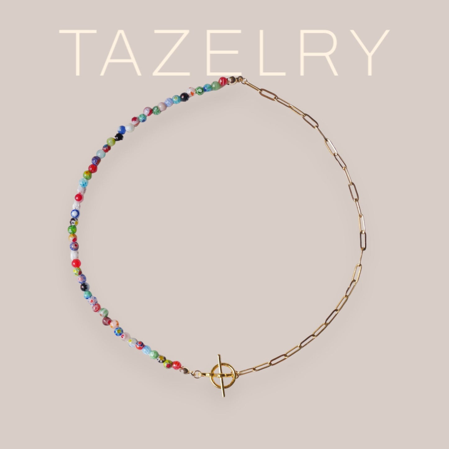 Half millefiori half chain necklace | Colorful beaded necklace | Small glass beads paperclip choker with toggle closure | Summer jewelry