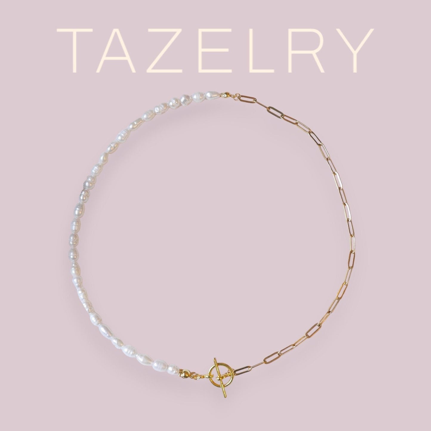 Half chain half pearl necklace | Dainty freshwater pearl choker | Small pearls and gold paperclip chain jewelry with toggle clasp, cute gift