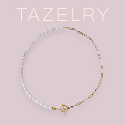 Half chain half pearl necklace | Dainty freshwater pearl choker | Small pearls and gold paperclip chain jewelry with toggle clasp, cute gift