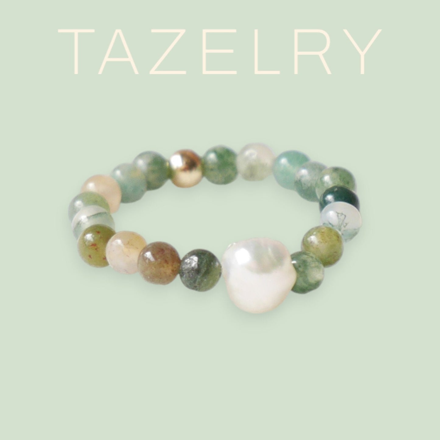 Agate stone ring | Dainty beaded jewelry | Elastic stretch ring with small stone beads | Cute ring gift for woman in green neutral colors