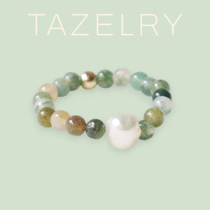 Agate stone ring | Dainty beaded jewelry | Elastic stretch ring with small stone beads | Cute ring gift for woman in green neutral colors