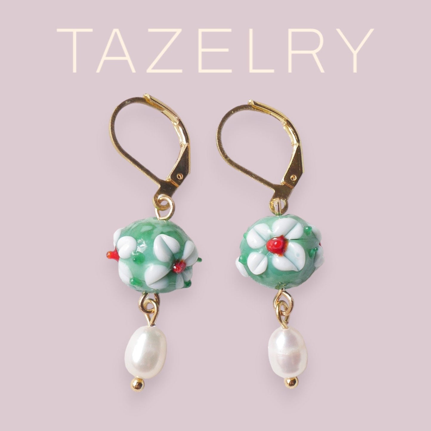 Flower pearl earrings | Green flower drop earrings| Glass earrings with real pearls | Colorful earrings | Dainty floral jewelry for her