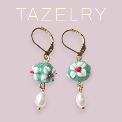 Flower pearl earrings | Green flower drop earrings| Glass earrings with real pearls | Colorful earrings | Dainty floral jewelry for her