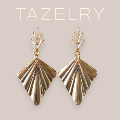 Art deco dangle earrings | Gold fan vintage style earrings | Gold dangle inspired by the 1920s | Elegant party earrings | Zircon geometric