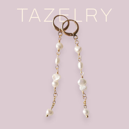 Long pearl drop earrings – dainty bridal freshwater pearl dangle in gold