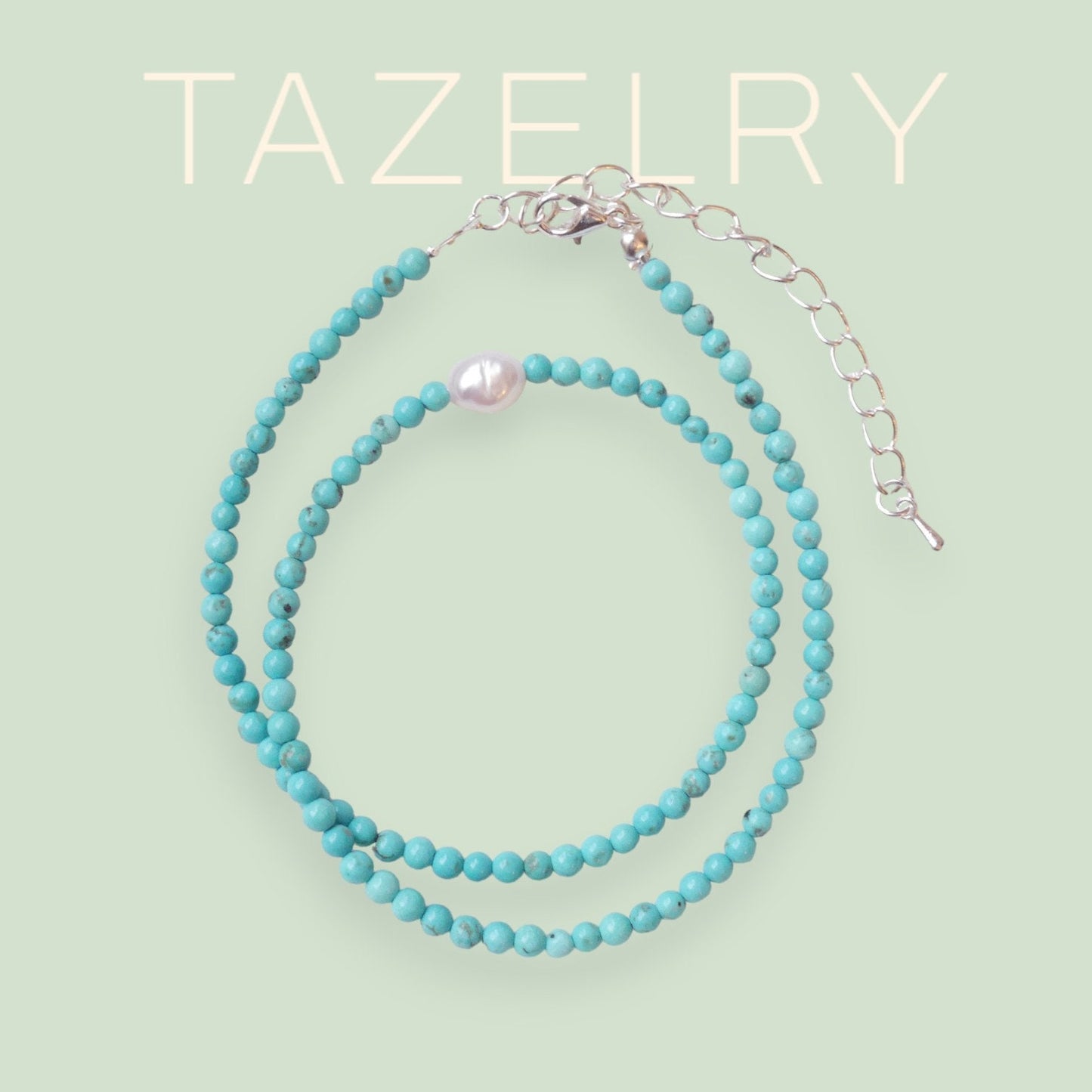 Turquoise beads necklace | Turquoise stone and freshwater pearl beaded necklace | Choker with small stone beads and genuine pearl