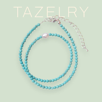 Turquoise beads necklace | Turquoise stone and freshwater pearl beaded necklace | Choker with small stone beads and genuine pearl