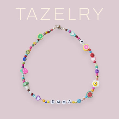 Colorful name necklace for girls | Beaded mixed bead necklace with custom name | Personalized beaded necklace for kids with magnetic closure