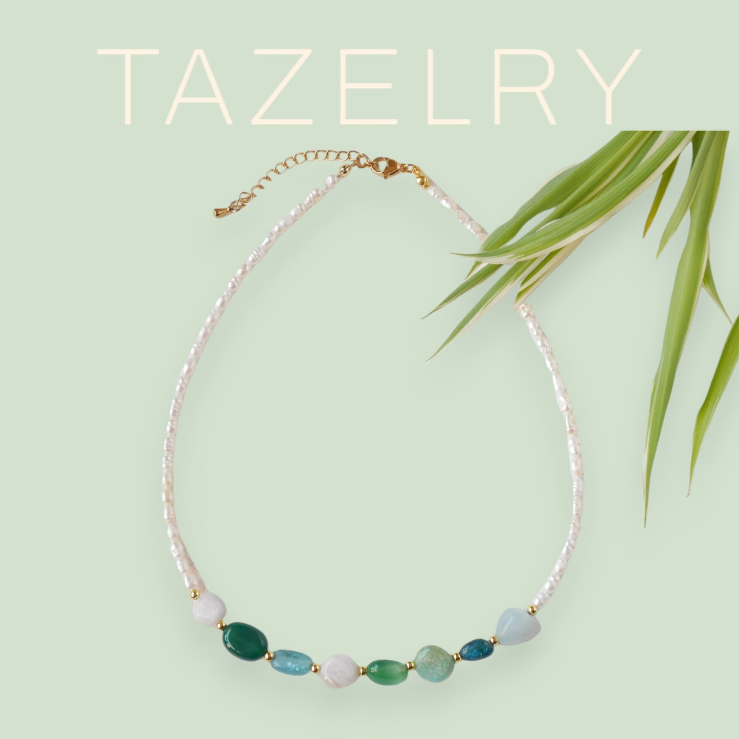 Gemstone pearl necklace | Freshwater pearl necklace with gemstones | Natural stones choker with aquamarine, agate, amazonite, apatite stones