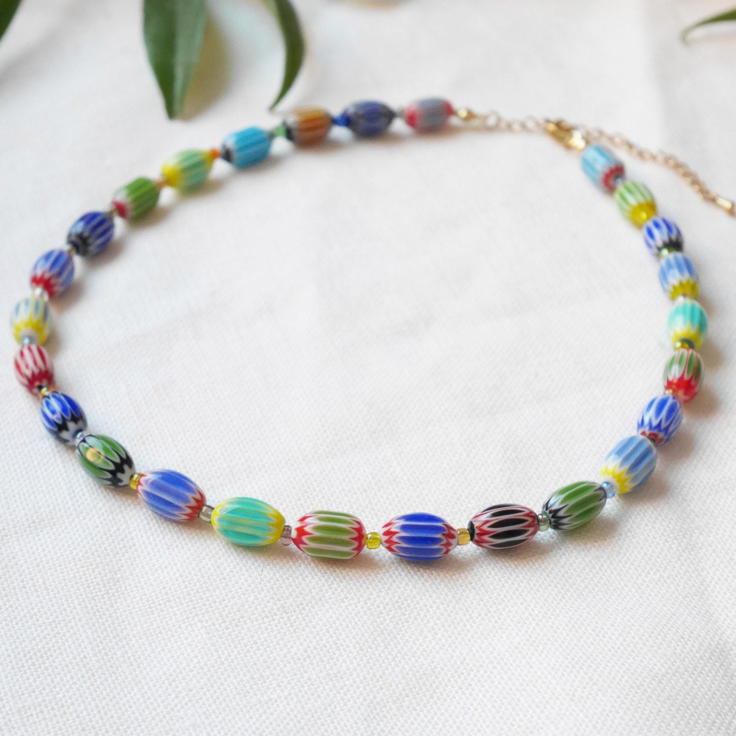 Colorful glass bead necklace | Multicolor choker with barrel shaped beads | Fun beaded oval glass tube necklace | Unique cute beaded jewelry
