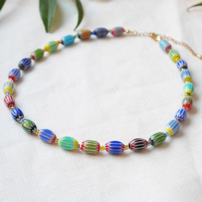 Colorful glass bead necklace | Multicolor choker with barrel shaped beads | Fun beaded oval glass tube necklace | Unique cute beaded jewelry