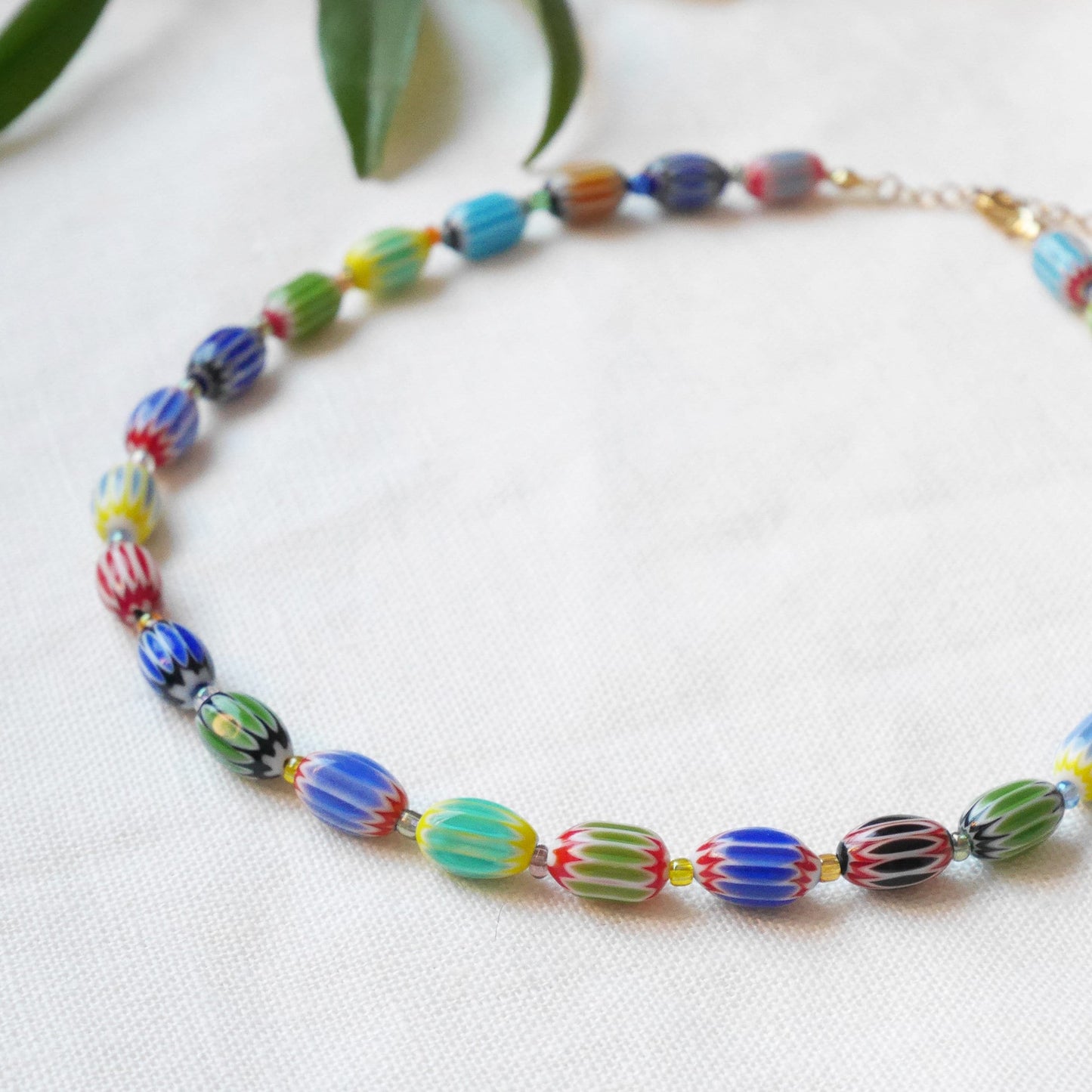 Colorful glass bead necklace | Multicolor choker with barrel shaped beads | Fun beaded oval glass tube necklace | Unique cute beaded jewelry