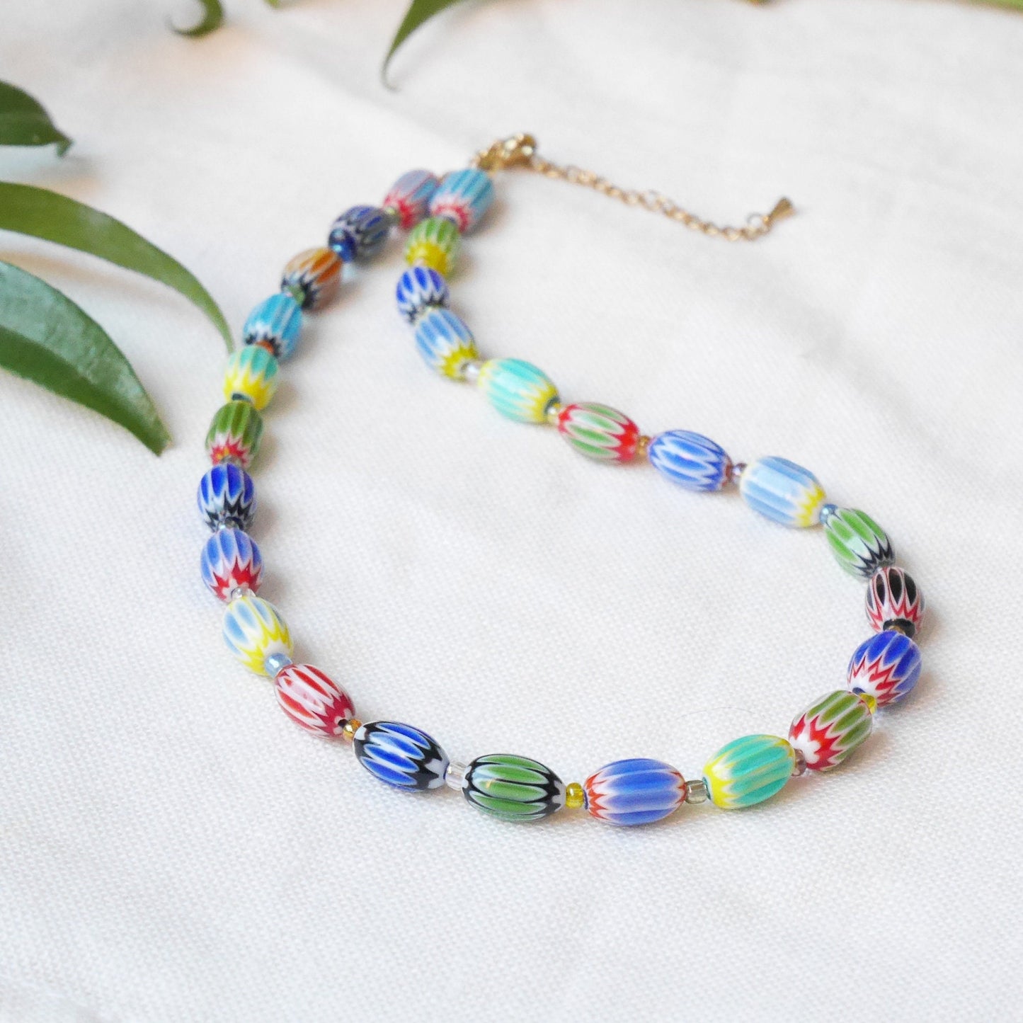Colorful glass bead necklace | Multicolor choker with barrel shaped beads | Fun beaded oval glass tube necklace | Unique cute beaded jewelry