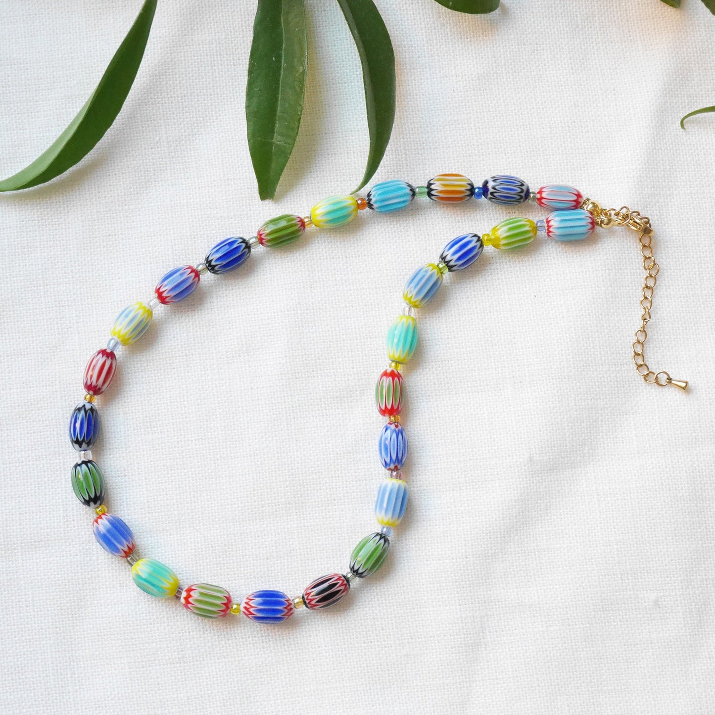 Colorful glass bead necklace | Multicolor choker with barrel shaped beads | Fun beaded oval glass tube necklace | Unique cute beaded jewelry