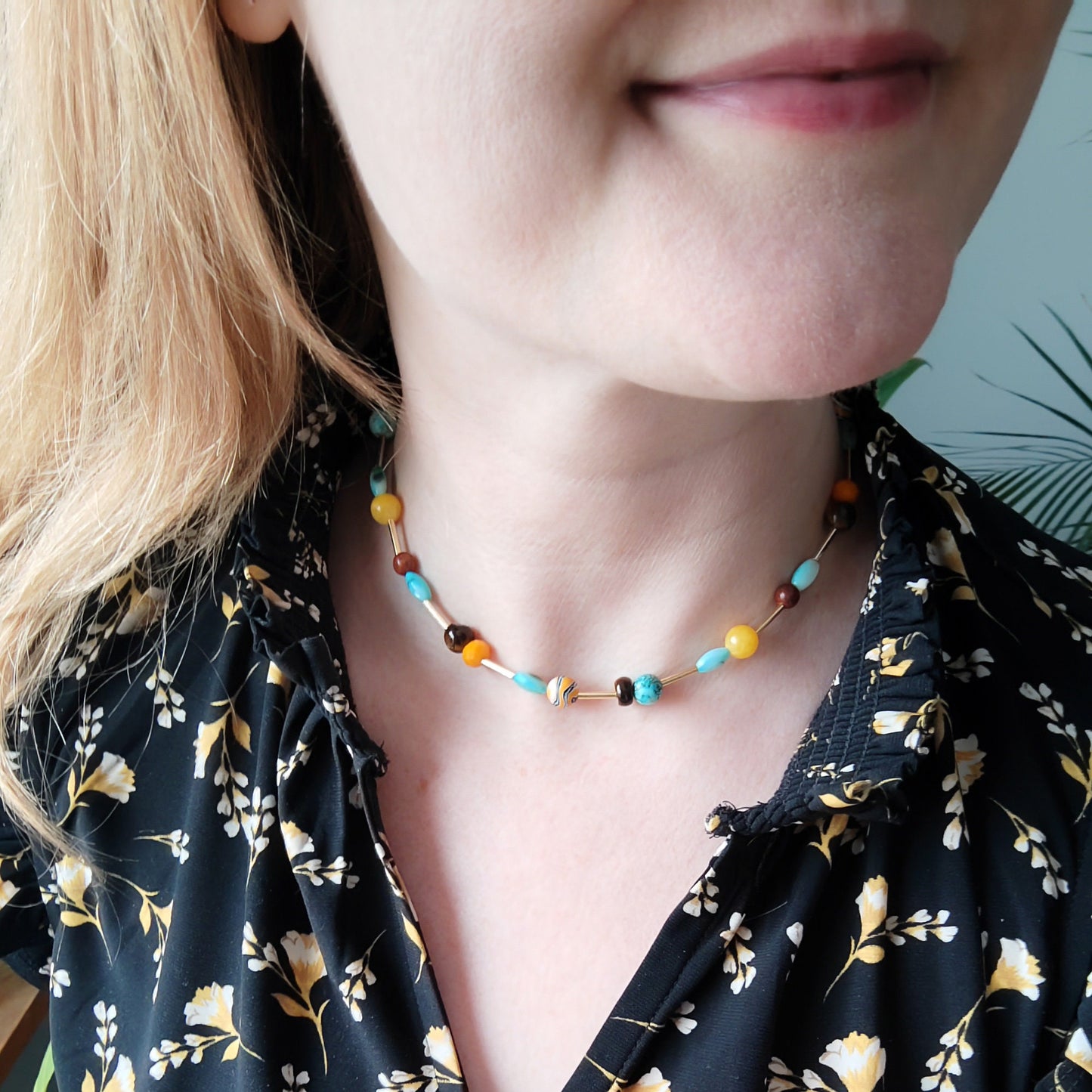Turquoise and yellow beads necklace | Mixed colors beaded necklace | Multicolor gemstone choker | Happy cute handmade jewelry gift for woman